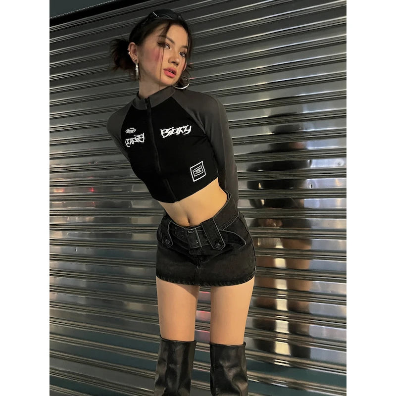 ReddaChic Acubi Fashion Denim Mini Skirt Women Punk Grunge Low Rise Liner Shorts Bodycon Jean Skorts Gyaru Y2k E-girl Streetwear