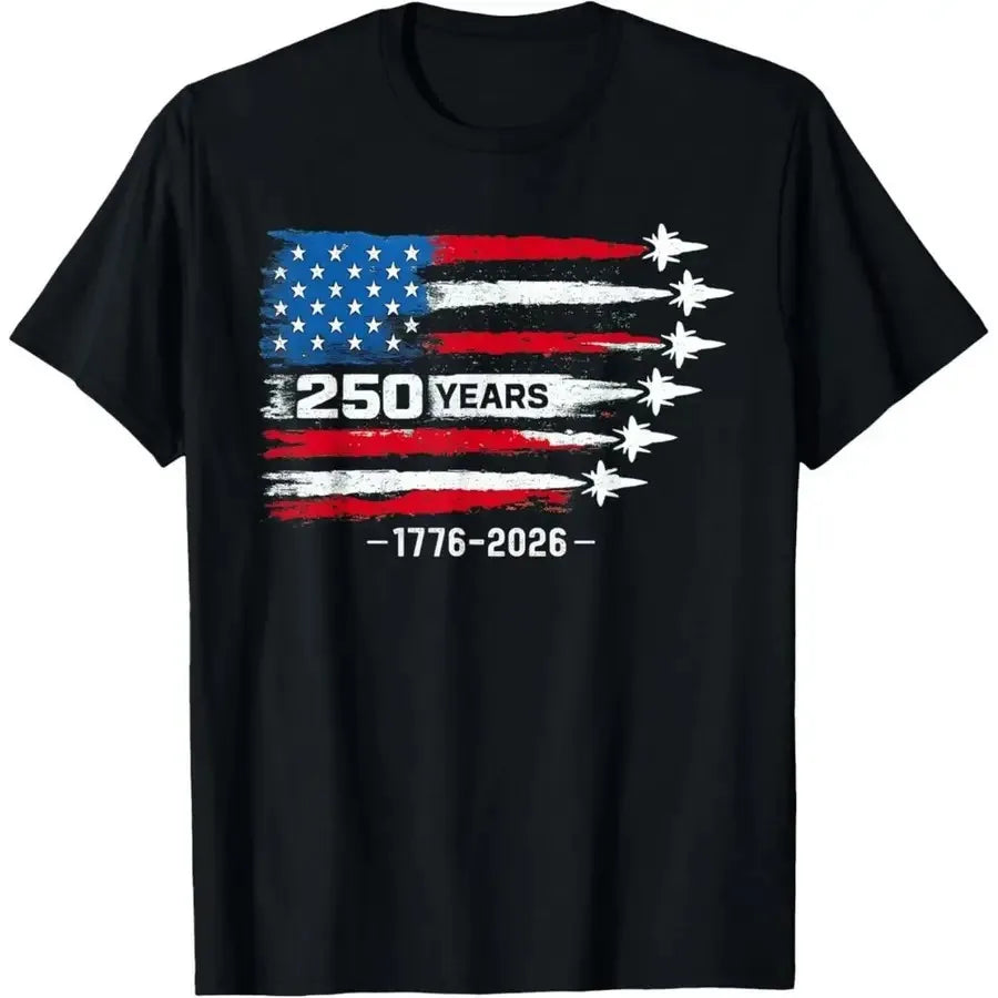 【New Arrival】USA 250th Anniversary 1776-2026 Flag T-Shirt, Black American Flag Fighter Jet Tee, Patriotic 4th of July Casual Streetwear