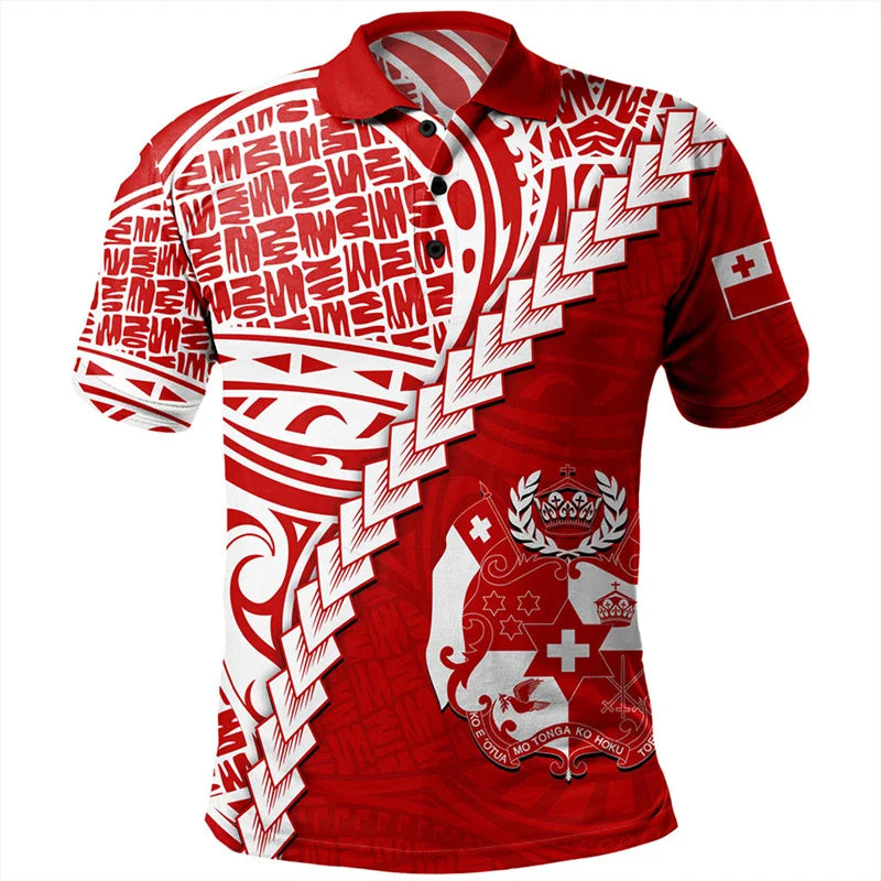 Hawaiian 3d Print Tonga Tribal Polo Shirt Men Polynesian Pattern Short Sleeves Loose Lapel Tee Shirts Summer Button T-Shirt