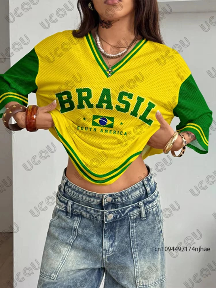 Summer New Vintage Brazil Print Women V-Neck T Shirt Patchwork Short Sleeve Sports Tees Football Jersey Y2K Loose Oversized Tops