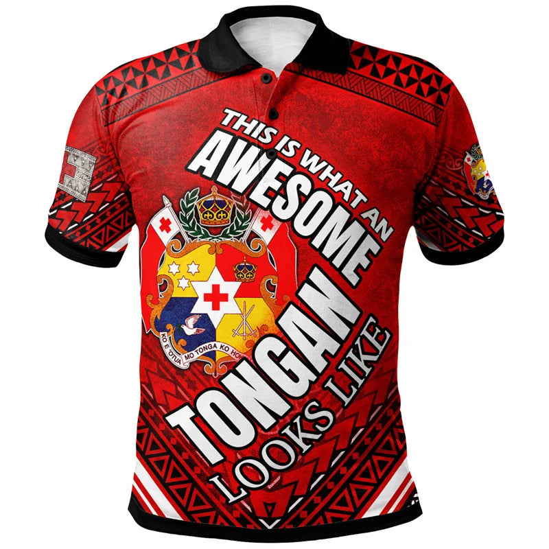 Hawaiian 3d Print Tonga Tribal Polo Shirt Men Polynesian Pattern Short Sleeves Loose Lapel Tee Shirts Summer Button T-Shirt