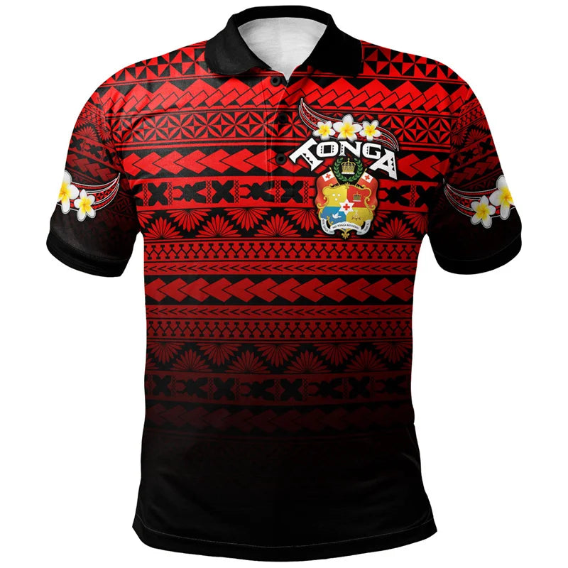 Hawaiian 3d Print Tonga Tribal Polo Shirt Men Polynesian Pattern Short Sleeves Loose Lapel Tee Shirts Summer Button T-Shirt