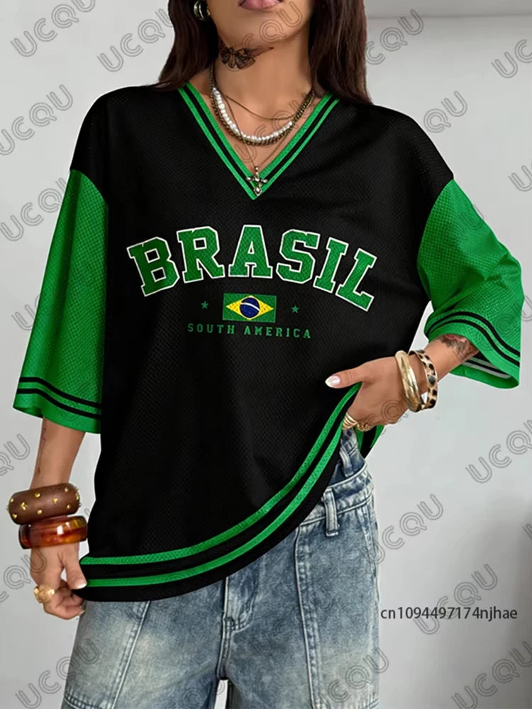 Summer New Vintage Brazil Print Women V-Neck T Shirt Patchwork Short Sleeve Sports Tees Football Jersey Y2K Loose Oversized Tops