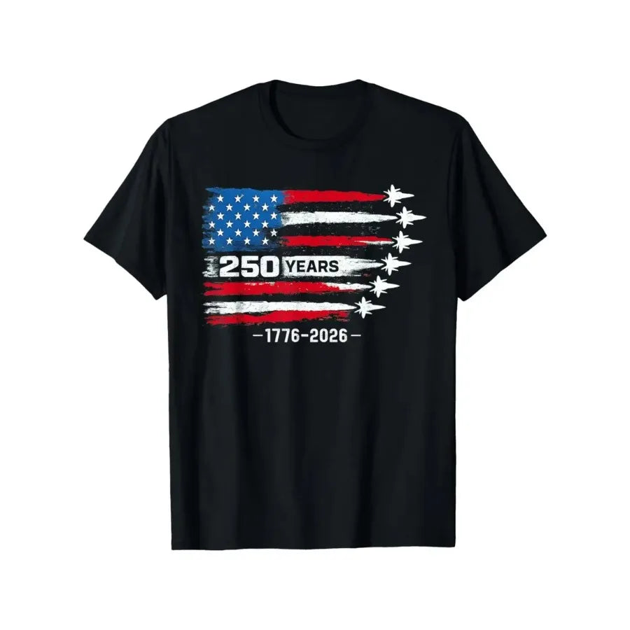 【New Arrival】USA 250th Anniversary 1776-2026 Flag T-Shirt, Black American Flag Fighter Jet Tee, Patriotic 4th of July Casual Streetwear