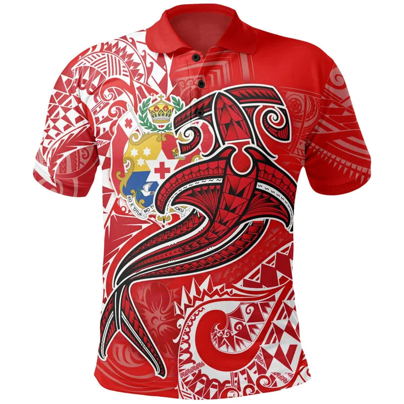 Hawaiian 3d Print Tonga Tribal Polo Shirt Men Polynesian Pattern Short Sleeves Loose Lapel Tee Shirts Summer Button T-Shirt