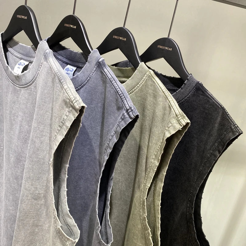 Vintage Streetwear Hip Hop Washed Worn Vest Oversize Casual Sleeveless Tshirt Summer Men's and Women's Waistcoat Top