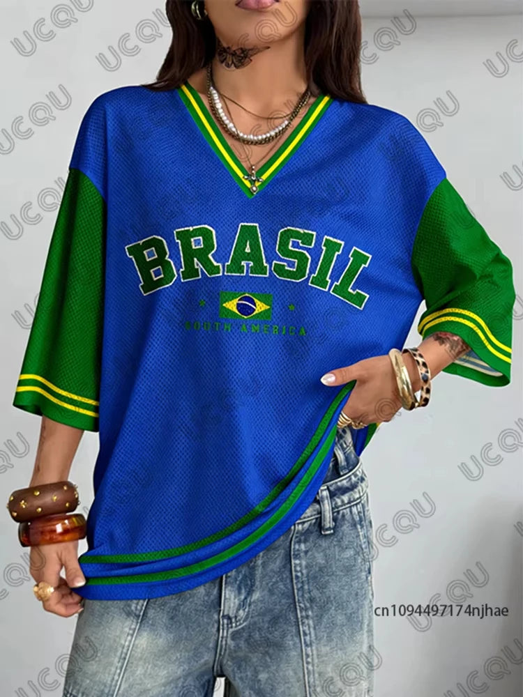 Summer New Vintage Brazil Print Women V-Neck T Shirt Patchwork Short Sleeve Sports Tees Football Jersey Y2K Loose Oversized Tops