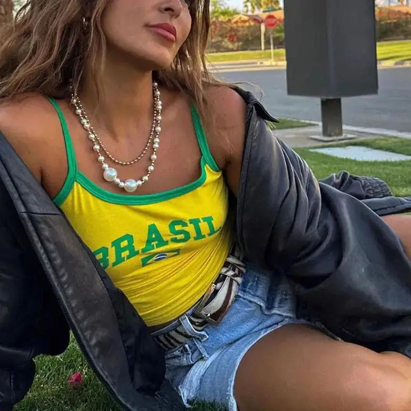 Brazil Letter Crop Tee — Y2K Streetwear