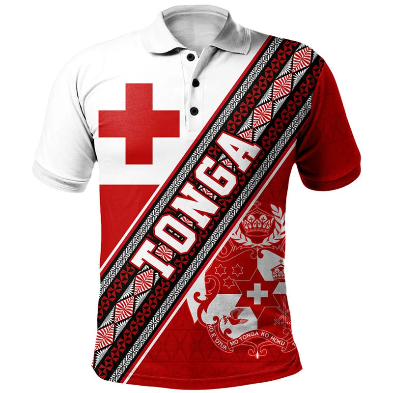 Hawaiian 3d Print Tonga Tribal Polo Shirt Men Polynesian Pattern Short Sleeves Loose Lapel Tee Shirts Summer Button T-Shirt