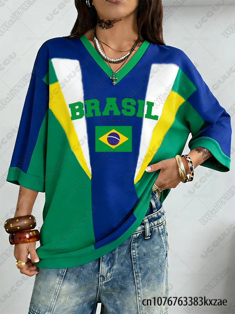 Summer New Vintage Brazil Print Women V-Neck T Shirt Patchwork Short Sleeve Sports Tees Football Jersey Y2K Loose Oversized Tops