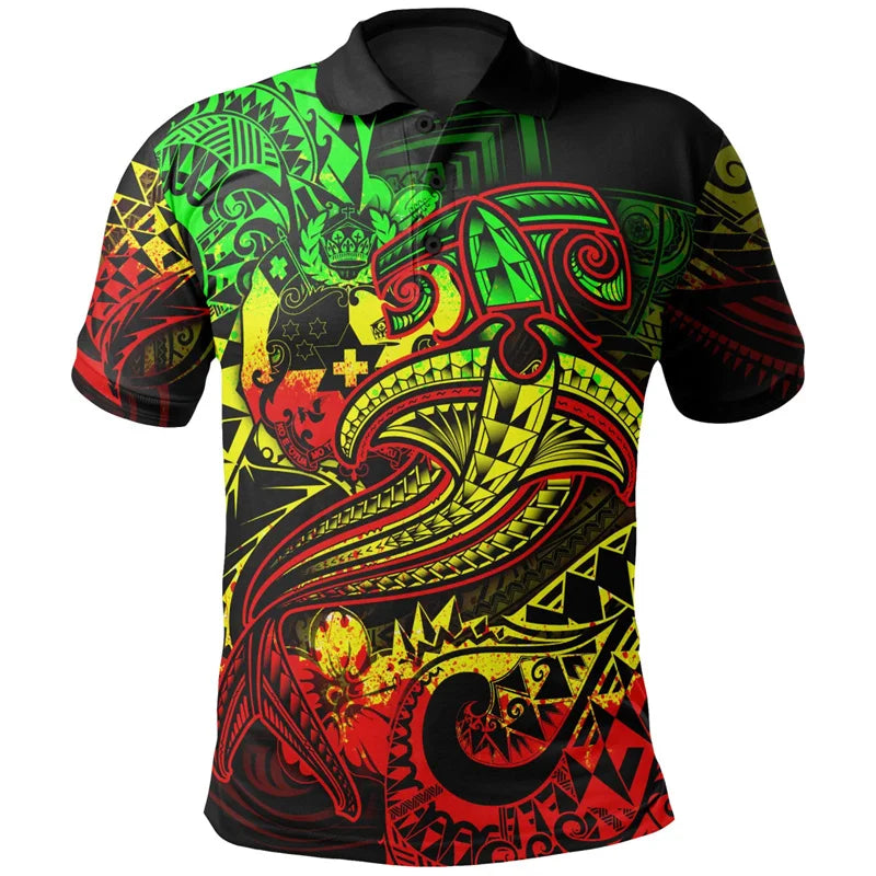 Hawaiian 3d Print Tonga Tribal Polo Shirt Men Polynesian Pattern Short Sleeves Loose Lapel Tee Shirts Summer Button T-Shirt