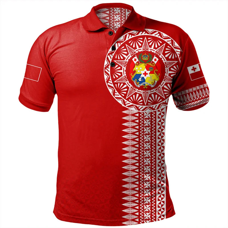 Hawaiian 3d Print Tonga Tribal Polo Shirt Men Polynesian Pattern Short Sleeves Loose Lapel Tee Shirts Summer Button T-Shirt