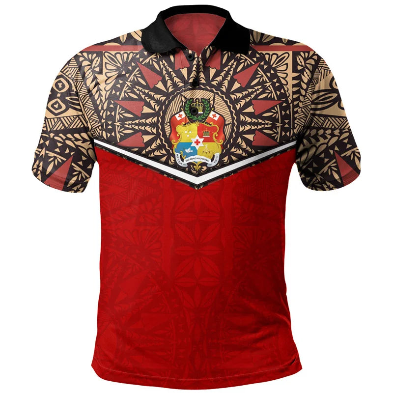 Hawaiian 3d Print Tonga Tribal Polo Shirt Men Polynesian Pattern Short Sleeves Loose Lapel Tee Shirts Summer Button T-Shirt